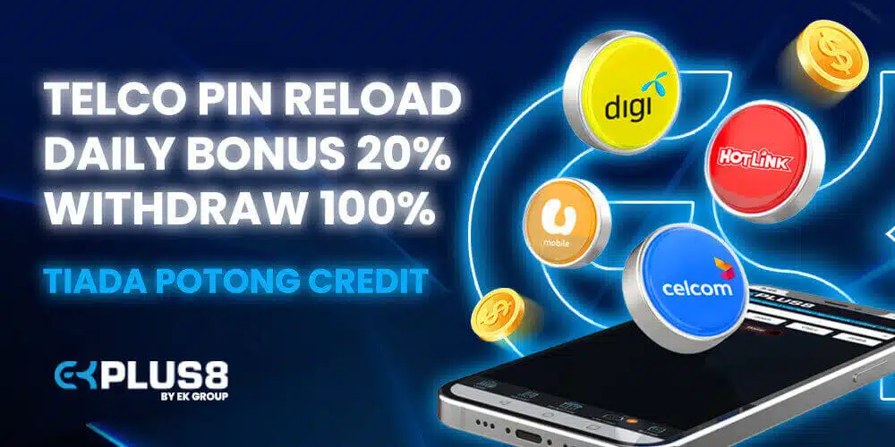 Telco pin reload banner offering a 20% daily bonus and 100% withdrawal with Digi, Hotlink, U Mobile and Celcom