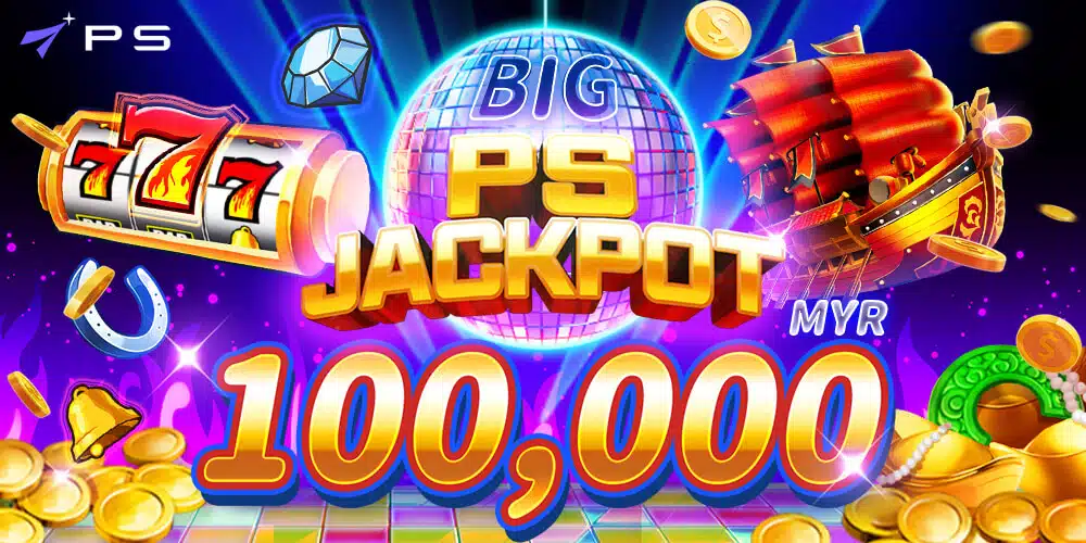 PlayStar PS Jackpot banner advertising a MYR 100,000 prize pool beside a 777 slot reel