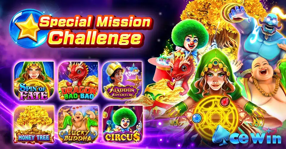 AceWin Special Mission Challenge banner showing Money Tree, Lucky Buddha, Aladdin and Circus slot tiles