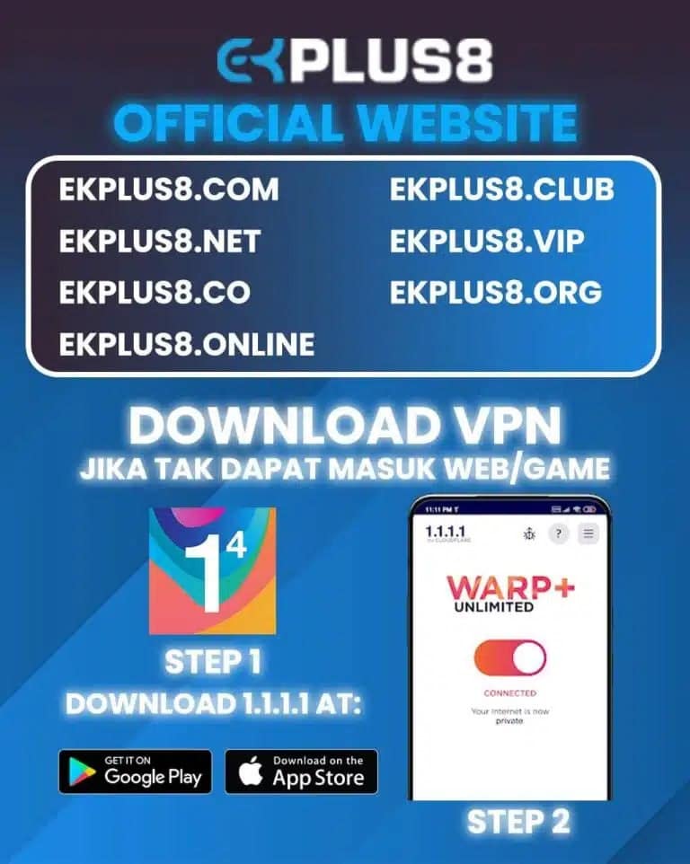 EkPlus8 access notice listing its official domains and step-by-step 1.1.1.1 WARP+ VPN download instructions