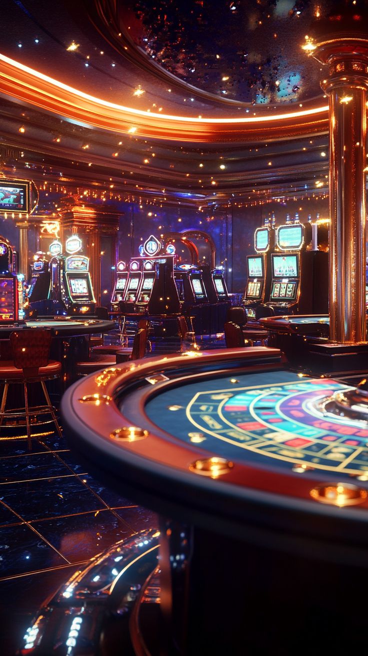 Dim casino lounge with a curved gaming table and slot machines behind