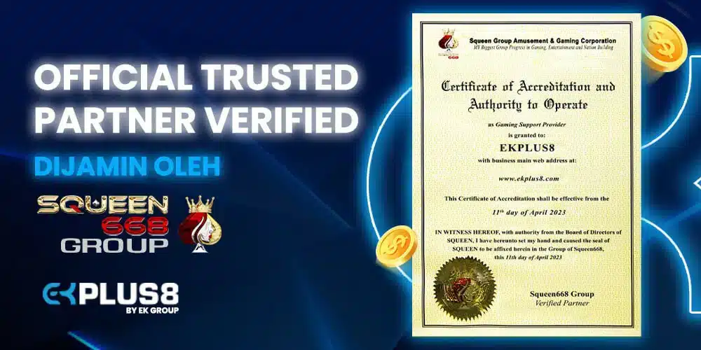 EkPlus8 trusted partner banner showing the Squeen Group accreditation certificate