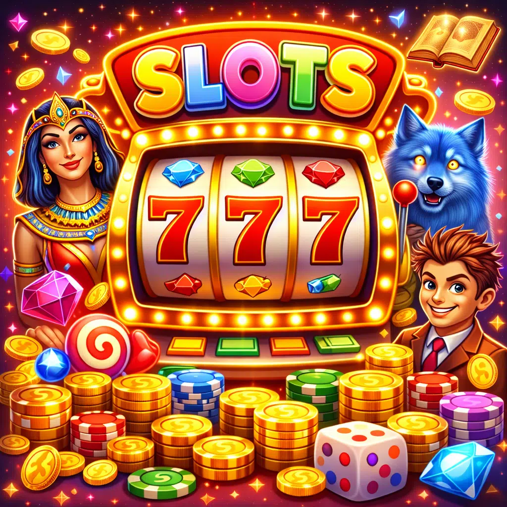 Slots sign above a 777 reel flanked by an Egyptian queen and a wolf character