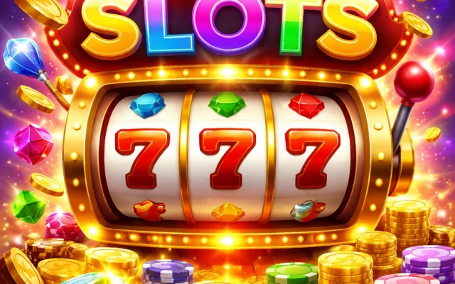 Online Slots sign above a 777 reel surrounded by gems, gold coins and dice